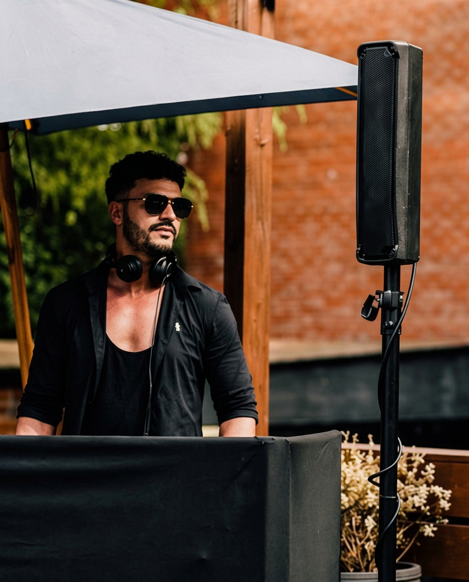 Ryan Richmond DJing outdoors under a canopy with club-grade sound